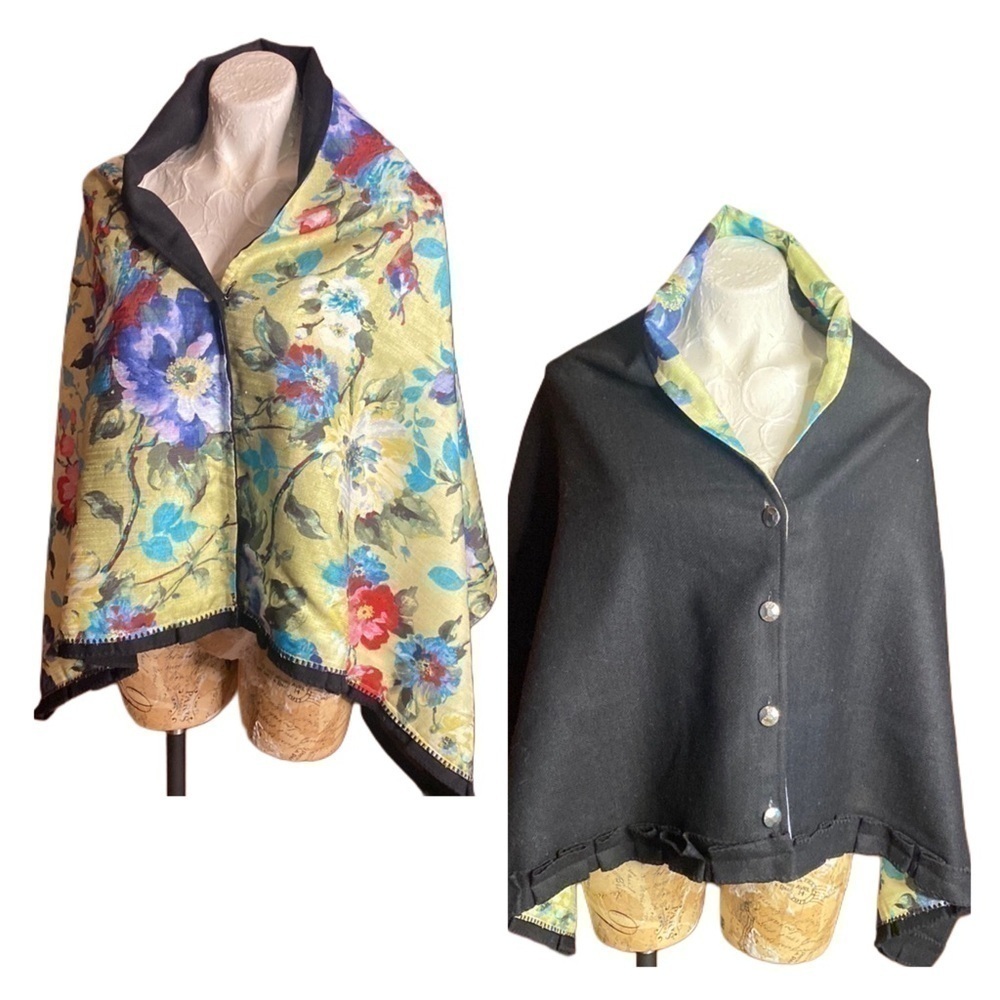 Wool Cape reversible black wool floral by UK designer LeJabot Stock Co OS